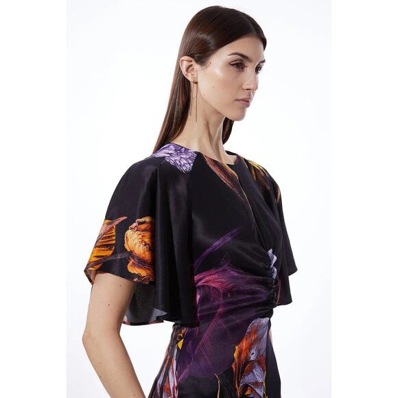 Karen Millen Midnight Floral Satin Angel Sleeve Maxi Dress Size 6 Petite - Picture 3 of 16